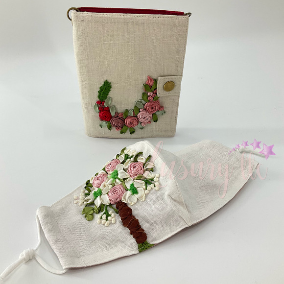 Tiny Rose Embroidery Passport Wallet & Silk Mask, Wedding Gift, Versatile - Picture 1 of 15